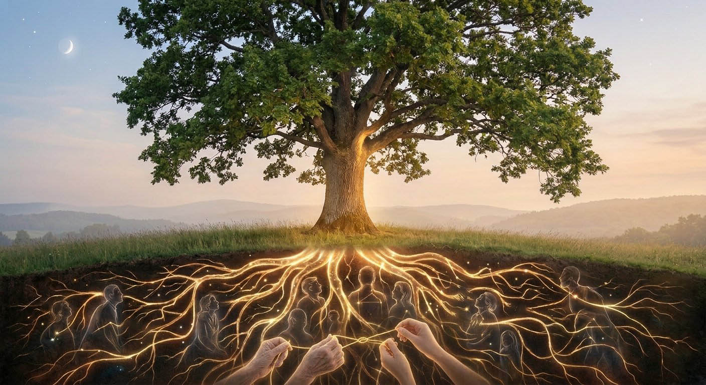 Arbre dont les racines lumineuses relient les générations — constellations familiales à Tours